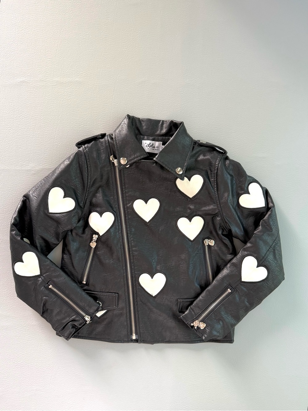 Lola + The Boys I Heart You Faux Leather Moto Jacket 10 Girls Black & White